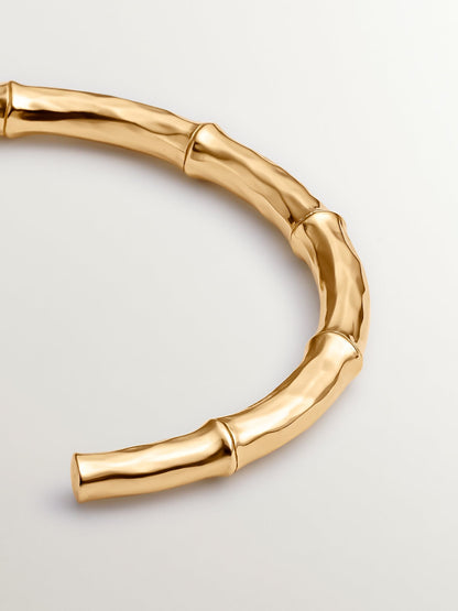 Pulsera tipo brazalete de plata 925 bañada en oro amarillo de 18K con textura de bambú