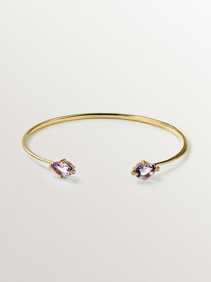 Pulsera abierta de oro amarillo de 9K con amatistas rosas y diamantes