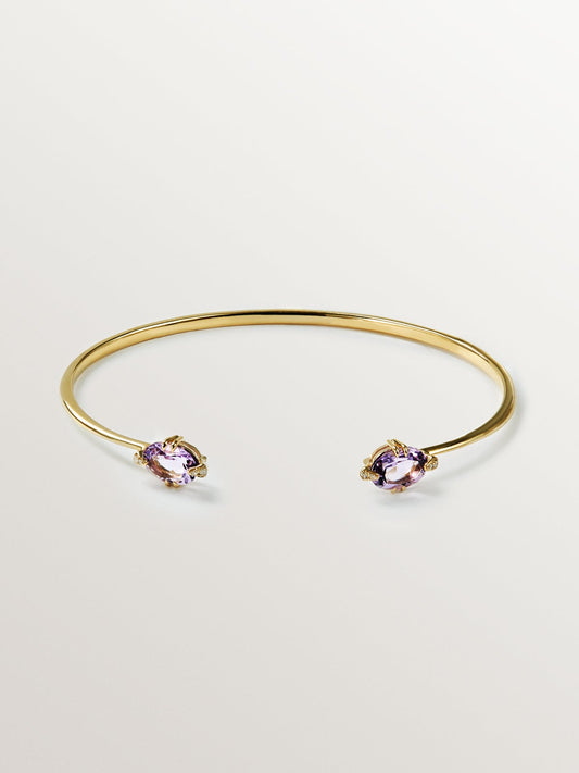 Pulsera abierta de oro amarillo de 9K con amatistas rosas y diamantes