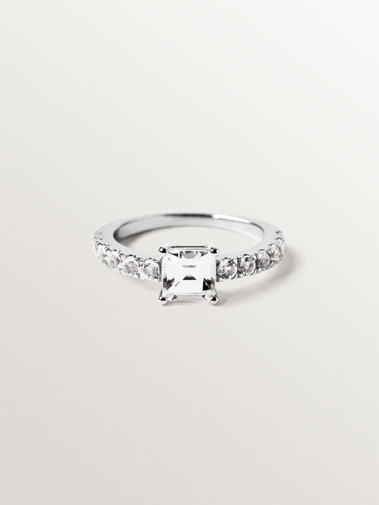 Anillo solitario de plata 925 con cuarzo y topacios blancos